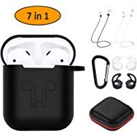Hianjoo Funda Compatible con Airpods 1 & 2, Fundas Protectora de Silicona con Correa Anti, p&eacute;rdida/mosquet&oacute;n/Estuche de PU, Estuche Suave 7 en 1, Negro