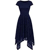 Briskorry-Vestido Vestido de Fiesta de C&oacute;ctel Drapeado Falda de Encaje Cuello Redondo Dress de Mujeres Noche con Parte Inferior Asim&eacute;trica