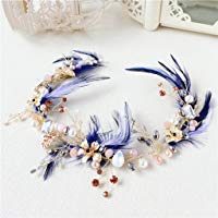 LYM &Headwear Garland novia hecha a mano tocado banda para el cabello azul pluma pelo adorno cabeza flor vestido de boda accesorios estilo europeo