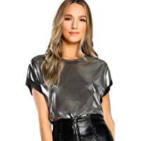 Moda, Mujer, Camiseta Plateada de Manga Corta con Cuello en O