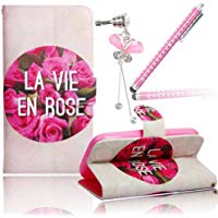 Sunnycase&reg; Sony Xperia Z3 Carcasa Premium flip leather funda case cover de PU silicona piel concha colorido pattern patr&oacute;n elegante cubierta + cristalino rhinestone bling del enchufe del polvo de diamante & metal l&aacute;piz t&aacute;ctil / Stylus Touch Pen (La vie en Rose)