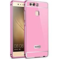 Sunroyal&reg;Espejo Fundas Huawei Ascend P9 Plus 5.5 Pulgadas Carcasa Ultra-delgada Aluminio Rosa Metal Bumper Marco Frame Carcasa Dura Parachoques Case Shock-Absorci&oacute;n y Anti-Ara&ntilde;azos Cover Tape Protector de M&oacute;vil + Espejo Tapa Cover shell protector Cubierta (Mirror Rosa)