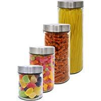 Pack 4 Botes de Cristal, 0,5 L (12x10 cm) - 0,9L (17x10 cm) - 1,2L (23x10 cm) y 1,77 L (31x10 cm), con Tapa de Acero Inoxidable. Tarros de Cristal.