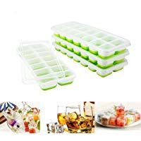 Wuudi- Bandeja de silicona para cubitos de hielo con certificado LFGB sin BPA moldes para hacer hielo con tapa antiderrames, mejor para comida/agua/c&oacute;ctel/otras bebidas verde claro