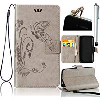 Sunroyal&reg;Samsung Galaxy S5 I9600 Wrist Strap 3 in 1Wallet Mariposa Bookstyle Funda Carcasa Rigida PU Piel Flip Libro Modelo Funci&oacute;n de Soporte M&oacute;vil Cierre Magn&eacute;tico con Ranuras para Tarjeta de Cr&eacute;dito Stand Case Cover Holster + 1X Stylus Pen+ 1X Enchufe del Polvo