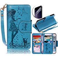 Funda Samsung Galaxy S5 Sunroyal &reg; [Cierre Magn&eacute;tico] Bookstyle para Samsung Galaxy S5 S V I9600/ S5 NEO Funda Ultra Slim PU Cuero Flip Stand Feature Azul Caso Leather Wallet C&aacute;scara Cubierta Caja Carcasa Con [Flip Case Cover][Funci&oacute;n de Soporte] [Billetera con Tapa para 9 Ranuras Tarjetas]- Dise&ntilde;o de Chica y Flor