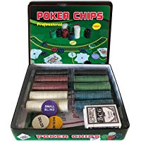 Professional Set de p&oacute;ker Caja de Metal, 500 fichas de p&oacute;kerr, 2 Cubiertas, bot&oacute;n de repartidor, ciega peque&ntilde;a, Gran ciega, tapete de Juego