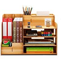 Catekro Caja de almacenamiento de escritorio de gran capacidad Porta bol&iacute;grafos / Estanter&iacute;a / Soporte de libros de madera, 39x29x28cm