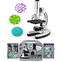TELMU Microscopio de bolsillo para ni&ntilde;os y principiantes, peque&ntilde;o y brillante, 300X-600X-1200X, set de accesorios de 70 piezas, con iluminaci&oacute;n LED y cuchillas, maleta y preparaci&oacute;n incluidos