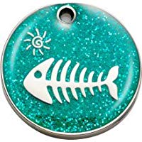 Bow Wow Meow Personalizado Chapa identificativa para Gatos con Forma de Pez con Brillantina en Color Aqua (Peque&ntilde;o) | Servicio DE Grabado