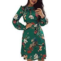 Amphia Mini Vestido, Mini Estampado Floral De Manga Larga con Cintura Alta con Cuello En O Cremallera Mini Vestidos
