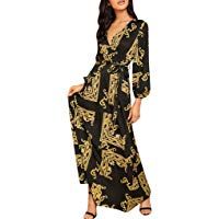 Sayla 2019 Vestidos Mujer Oto&ntilde;o Invierno Casual Elegante Manga Larga Vestido Largo con Cuello En V Estampado Floral Boho Maxi con Manga De Linterna De Boda Fiesta Noche