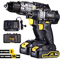 Taladro con Percusi&oacute;n, TECCPO Atornillador Impacto 180Nm, 30min Cargador Rapido, 2 Baterias 2.0Ah, 35 Accesorios Gratis, 2 Velocidades, 4A Cargador, Taladro+Martillo+Destornillador