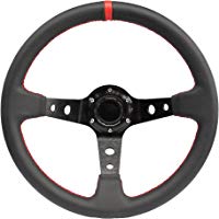 Modauto - Volante Deportivo Universal, Desplazado, de Piel Sint&eacute;tica, Di&aacute;metro 350mm, Modelo G016, Color Negro y Costura Roja