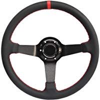 MODAUTO Volante Deportivo Universal, Semidesplazado, de Piel Sint&eacute;tica, Di&aacute;metro 350mm, Modelo G020, Color Negro y Costura Roja