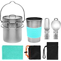 Odoland Kit Cocina Camping, Juego de Acampar para Cocina, Olla y Taza de Acero Inoxidable, Cuchara y Tenedor Plegables, Cocina para Acampar, Sarten Camping, Cazuelas Camping
