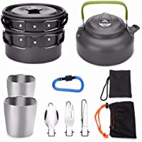 Odoland Kit de Utensilios Cocina Camping, Juego de Olla para Acampada con 800 ml Hervidor de Camping, 1.9 L Olla, 800 ml Sart&eacute;n, 2 Tazas, Cubierto Camping