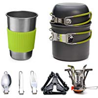 Juego de Cocina Camping Kit con 1.2 L Ollas Camping y 0.6 L Sart&eacute;n de Aluminio, Estufa Trekking, Taza de Acero Inoxidable, Cubiertos Plegable - Cacerolas de Acampada de Camping y Viaje
