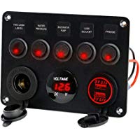 FANMURAN - Panel de control con interruptor de 5 interruptores LED (12 V/24 V, 2 USB y volt&iacute;metro)