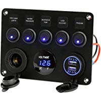 Calistouk - Panel de control de interruptor de 5 brazos LED 12 V/24 V para coche barco marino 2 USB y volt&iacute;metro