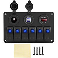 Panel de interruptores LED, 6 Gang Car Boat Marine LED Panel de interruptores basculante LED Volt&iacute;metro USB Dual Encendedor de Cigarrillos 12 / 24V
