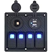 T Tocas Impermeable Montaje Empotrado 4&nbsp;Gang Interruptor Panel & 12&nbsp;V Cigarrillo Toma de Corriente y Doble USB Puertos Intergrate para 12&nbsp;V/24&nbsp;V Auto de RV Barco yate, indicador LED Azul