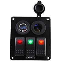 Qiilu 3 Pandillas 12V LED Panel de interruptor Basculante Impermeable con Volt&iacute;metro Toma de corriente para Coche Barco Marino RV