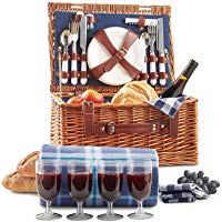 VonShef Cesta de Mimbre Tradicional para Picnic con Cubiertos, Platos, Copas, Vajilla y Manta de Lana De Lujo para 4 Personas