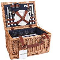 Display4top Cesta de Picnic de Mimbre Tradicional para 4 Personas Deluxe Cesto de Mimbre - Juego Premium con Platos, Copas de Vino, Cubiertos y servilletas