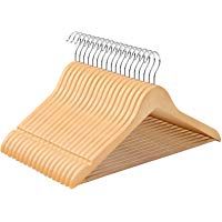 SONGMICS Perchas de Madera de Arce, Set de 50, con Barra para Pantalones, Gancho Giratorio a 360&deg;, Multifuncionales, Gancho Cromado Muescas