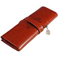 cosanter Pencil Pouch Rolled piel sint&eacute;tica estuche bolsa titular bolsa de maquillaje para mujeres estudiantes, color marr&oacute;n 21.5X19.5CM